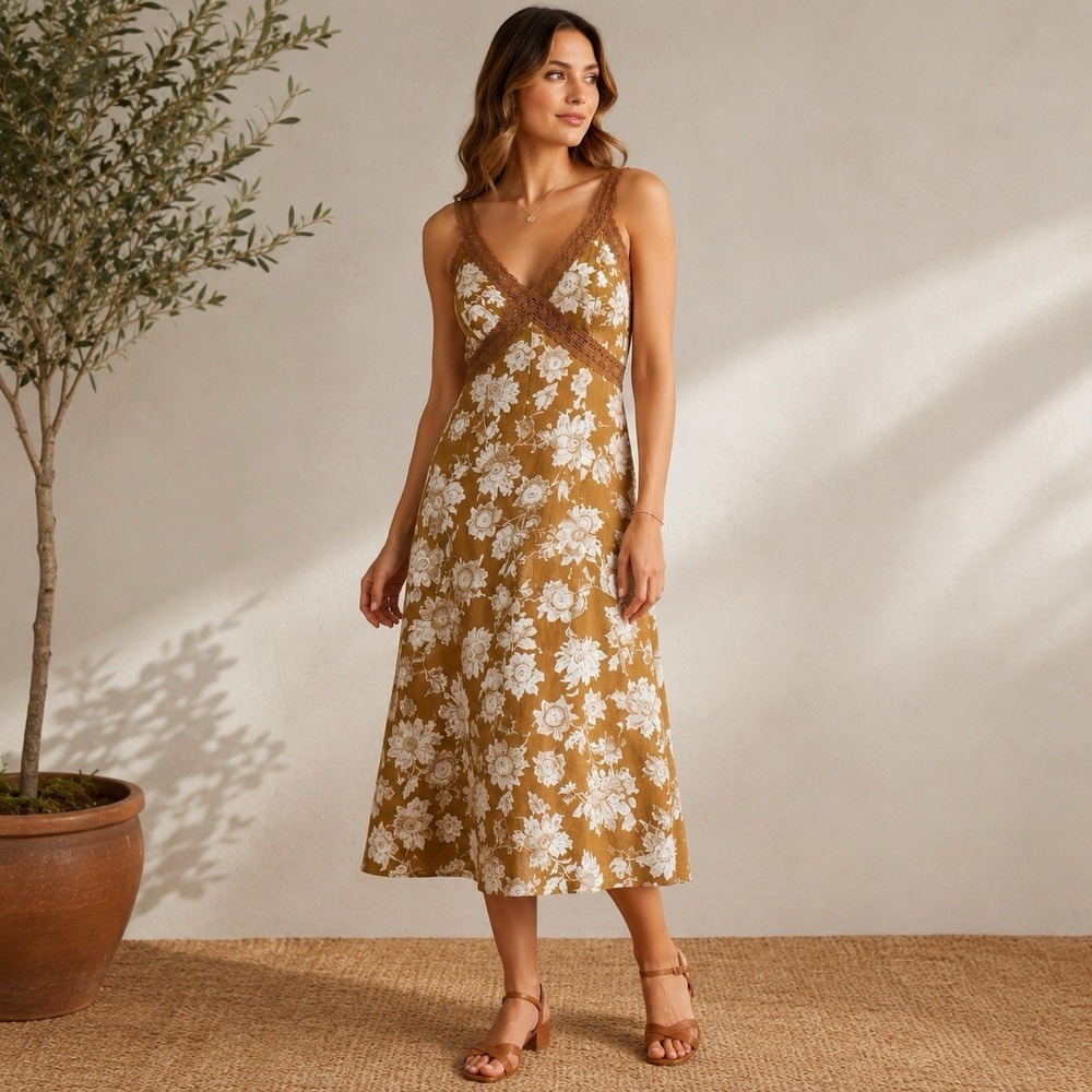 Loft Linen Blend Floral Crochet Lace Trim Midi Dress Womens 4 Cottagecore Boho